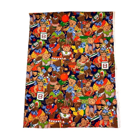 Vtg Cranston Bears Dress-Up Blocks Books Balloons Fabric 45” Wide 1 2/3 Yards - Picture 1 of 5